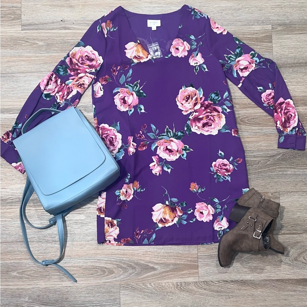 Everly women’s long sleeve midi purple floral shift dress